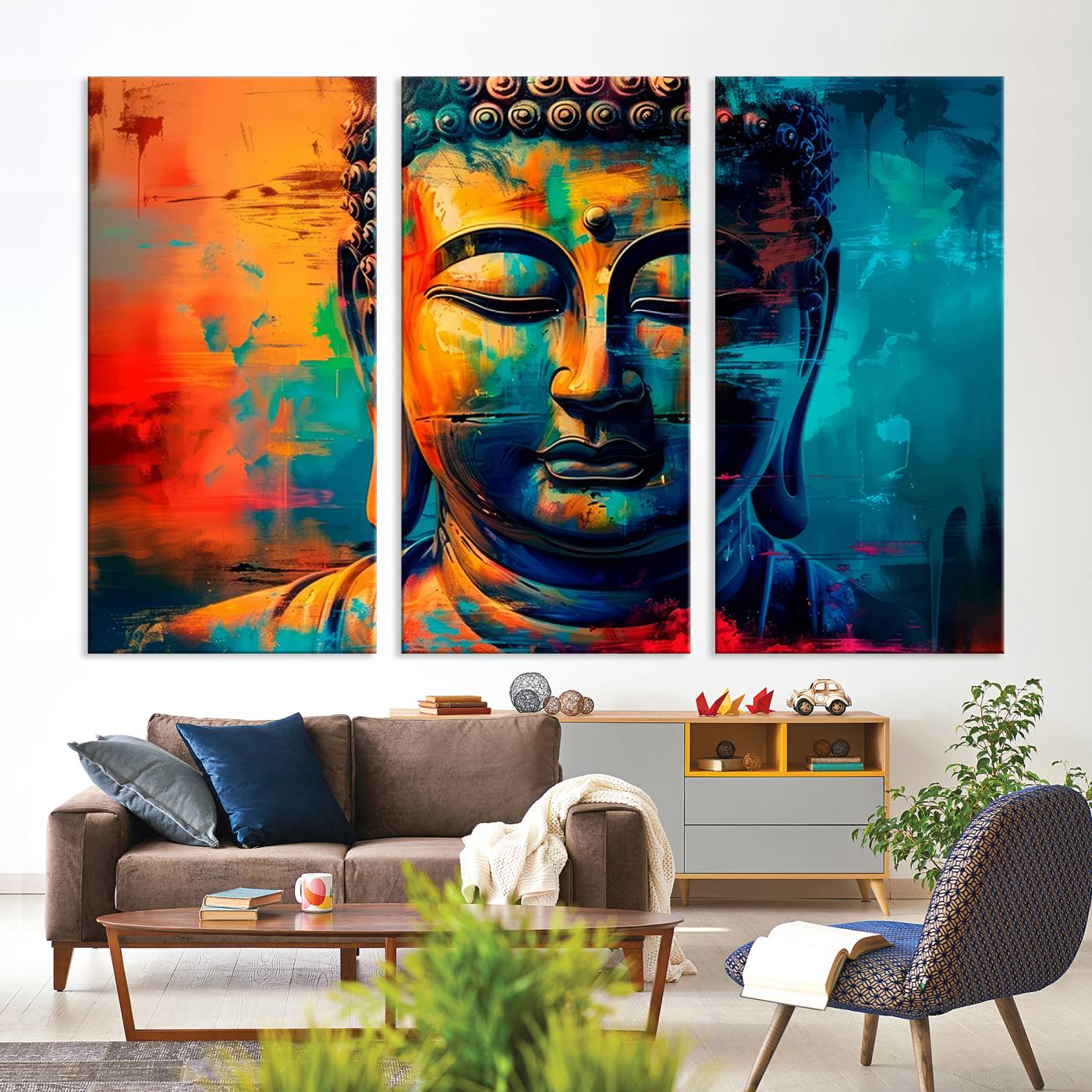 A vibrant, abstract artistic rendition of a Buddha statue face, blending bold and contrasting colors to evoke a sense of peace, spirituality, and enlightenment.