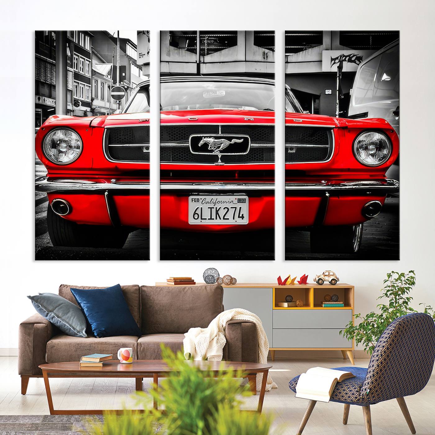 Front view of a bold red 1960s Ford Mustang parked in an urban environment, captured in dramatic contrast with a black-and-white city backdrop, emphasizing its timeless American muscle car identity.