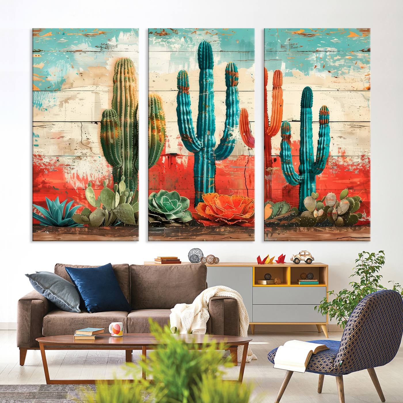 A vivid southwestern-style artwork featuring an eclectic mix of cacti and succulents painted against a textured, rustic wood backdrop in rich turquoise, red, and orange hues.