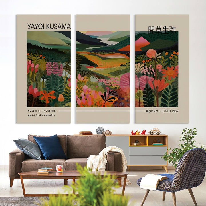 A Yayoi Kusama Landscape Canvas Print brightens the wall with vibrant floral and mountain art.