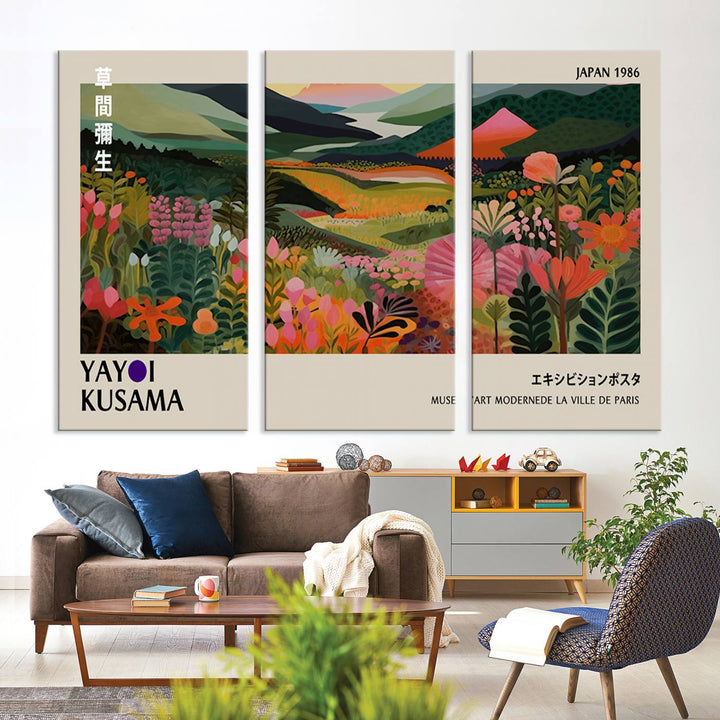 Yayoi Kusamas Landscape Canvas Print with vibrant floral mountain art adorns the wall.