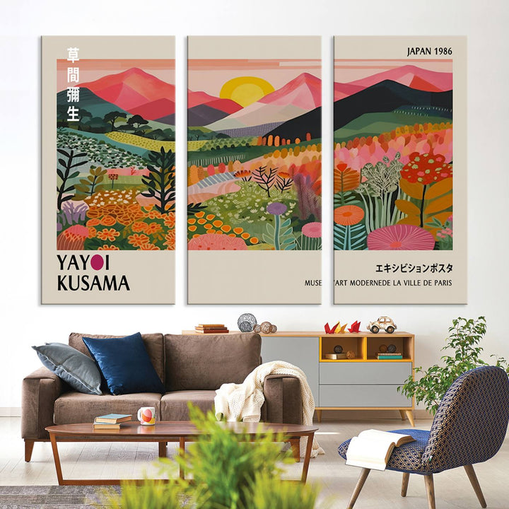 The wall art includes a vintage world map and Yayoi Kusamas colorful landscape.