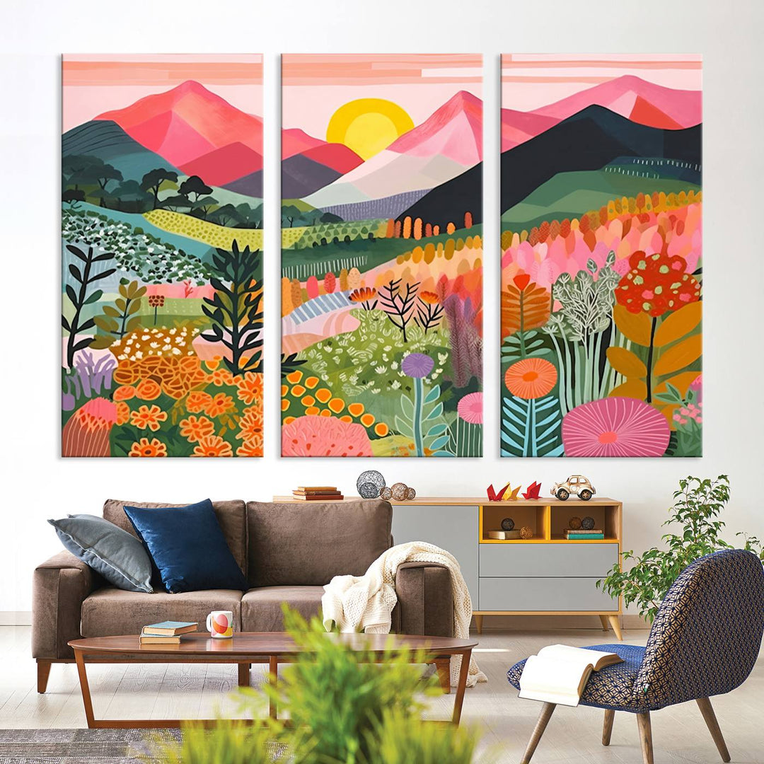 Vibrant abstract landscape canvas: Yayoi Kusama 1986 wall art print featuring mountains, sun, and flowers. Ready-to-hang.