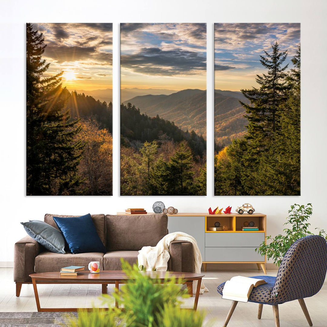 The dining area is beautifully decorated with the Sunrise Over the Smoky Mountains Canvas Wall Art – a breathtaking scenic landscape photography in a stunning triptych that's ready to hang.