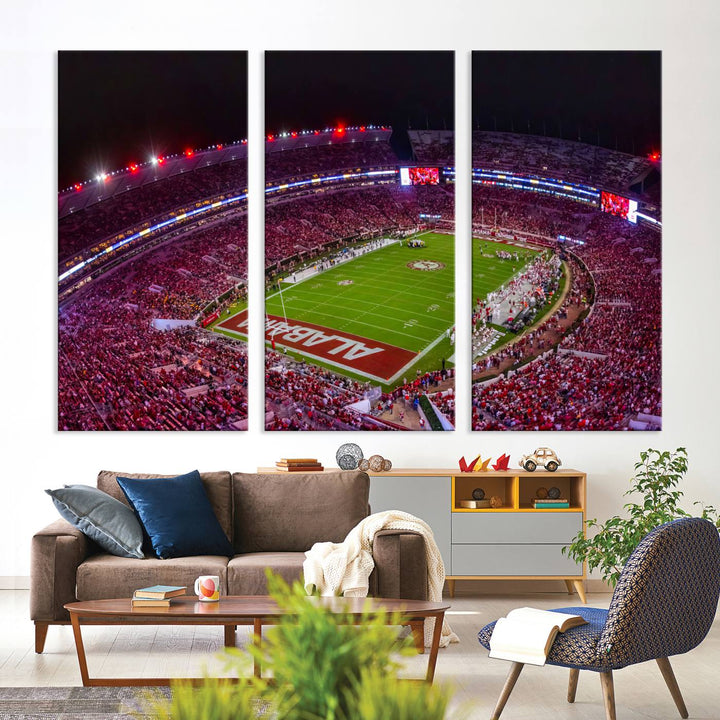 The living room features a Bryant-Denny Stadium Night Game Triple Canvas Wall Art.