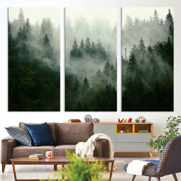 Misty Forest Wall Art Canvas Print - Foggy Forest Landscape Canvas Wall Art – Serene Triptych Nature Print – Woodland Landscape Decor