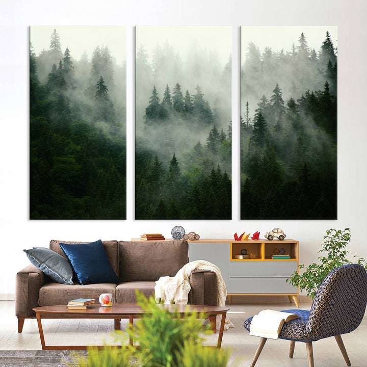 The Misty Forest Wall Art Canvas Print captures a serene, foggy evergreen landscape, evoking a mysterious woodland ambiance.