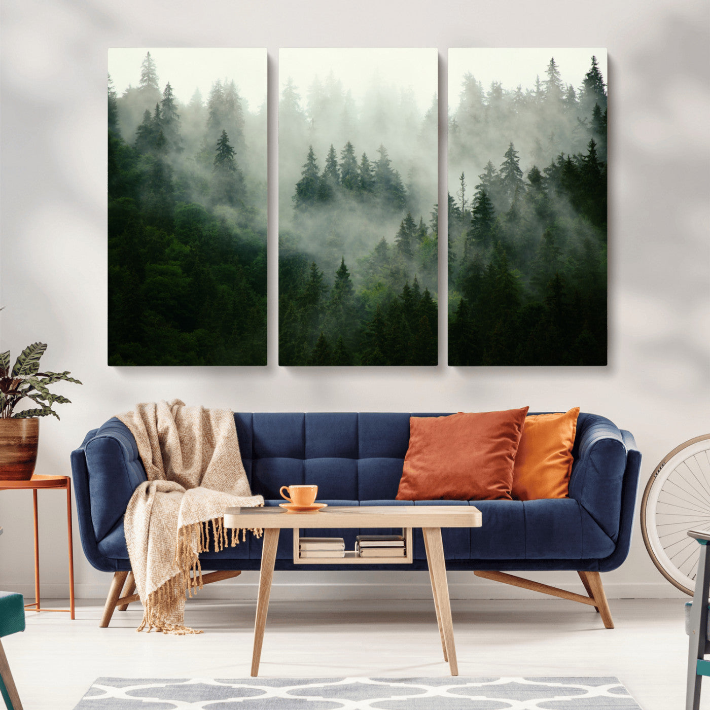 MGV-CV-48X32-3P - Misty Forest Wall Art Canvas Print - Foggy Forest Landscape Canvas Wall Art – Serene Triptych Nature