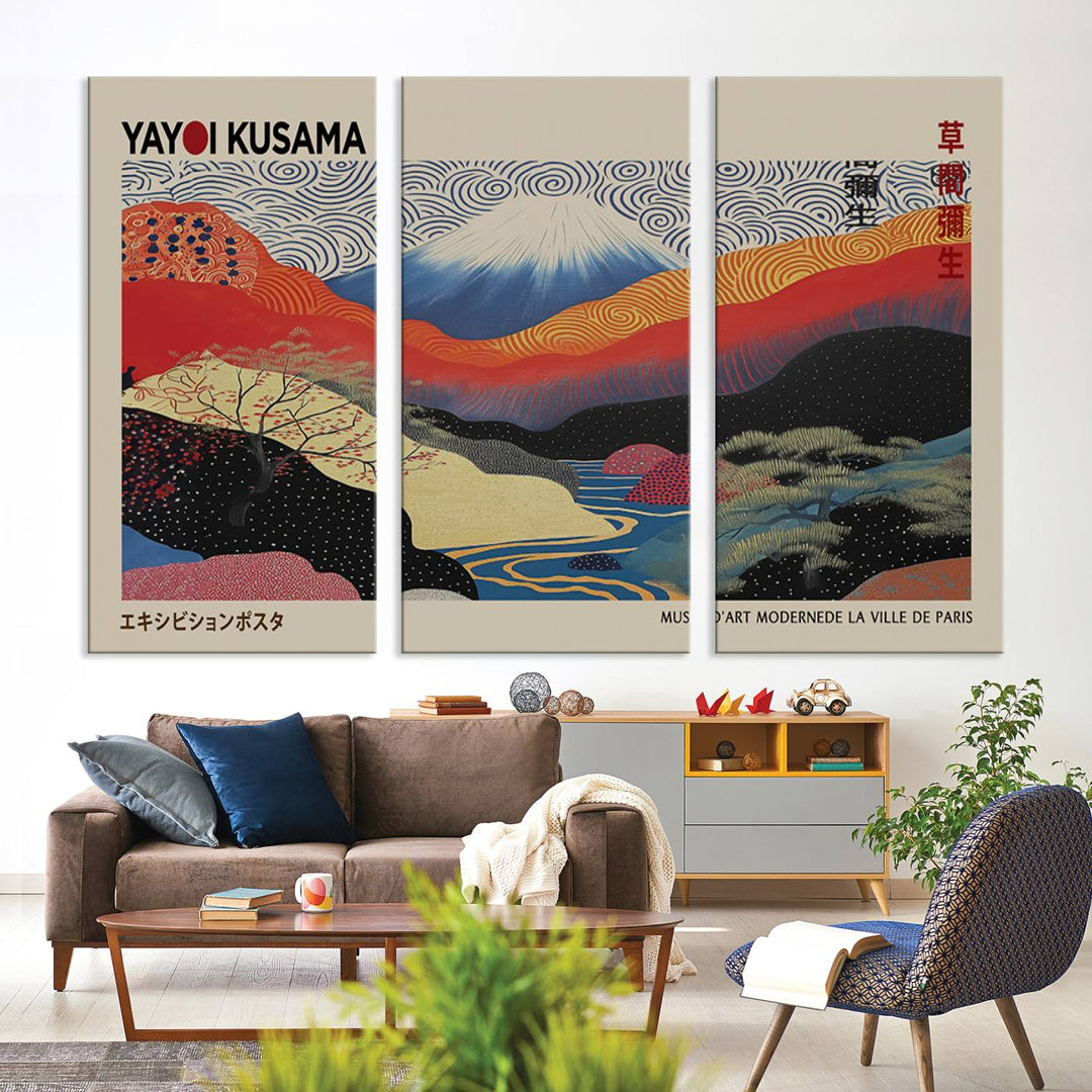 A framed Yayoi Kusama 1986 wall art print, showcasing vibrant abstract landscapes with a Wabi Sabi influence, is prominently displayed as a Japanese wall art piece.