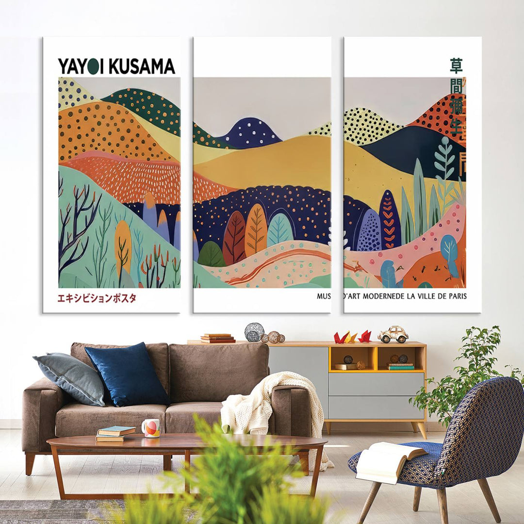 A triptych featuring the Framed Yayoi Kusama 1986 Wall Art Print hangs above. This Japanese Wabi Sabi inspired piece, rich in vibrant abstract landscapes, adds an elegant touch to any nature-inspired décor.