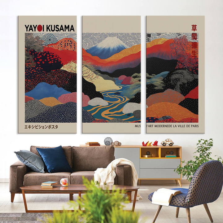 The room showcases Kusamas 1986 vibrant abstract landscape wall art print.