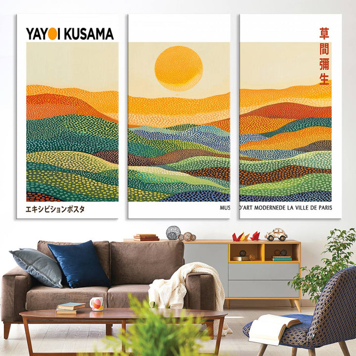 Framed Yayoi Kusama 1986 Wall Art: A vibrant abstract landscape featuring Wabi Sabi hills and a sun, created by the Japanese artist.