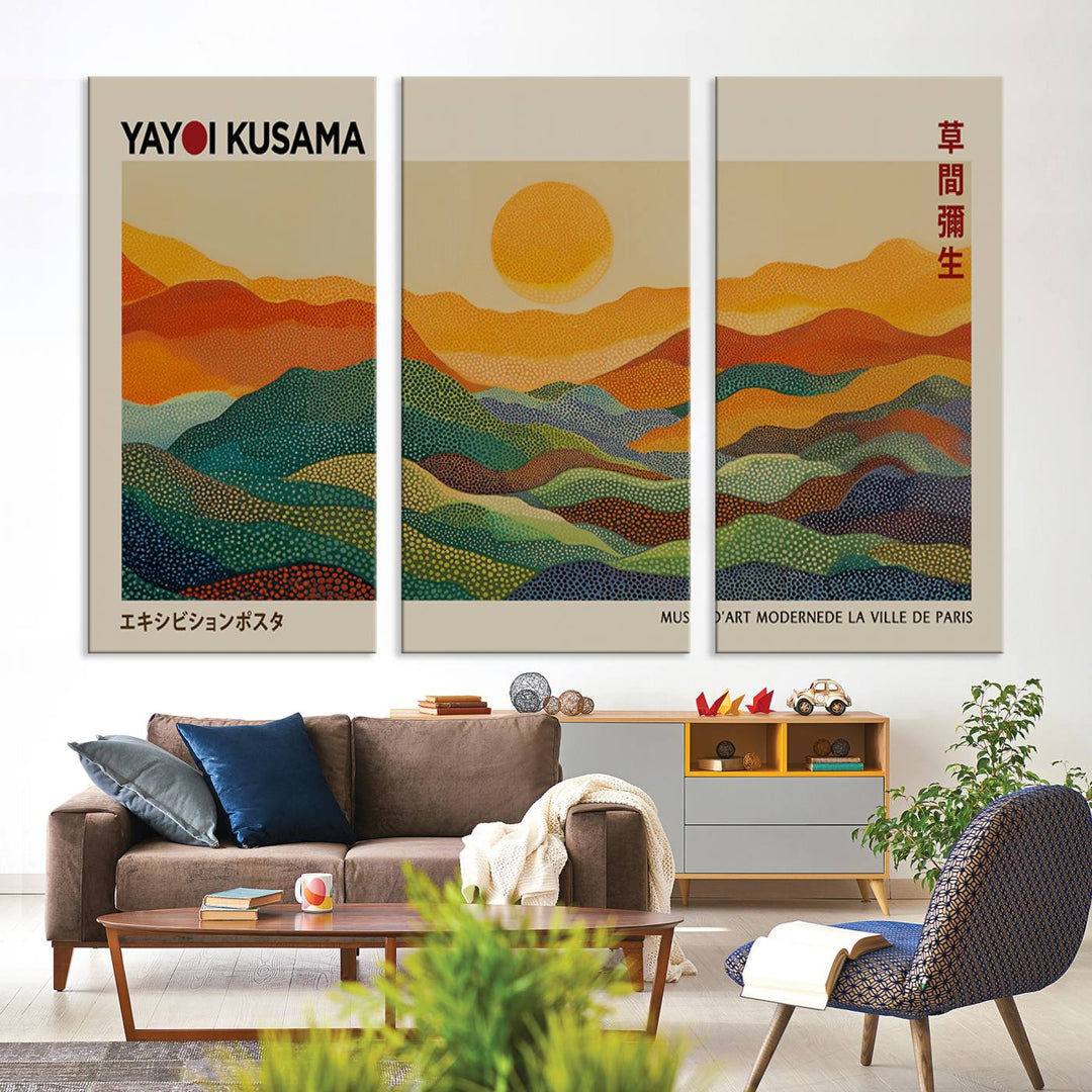 The vibrant abstract landscape depicted in the three-panel "Framed Yayoi Kusama 1986 Wall Art Print" seamlessly integrates nature-inspired décor.