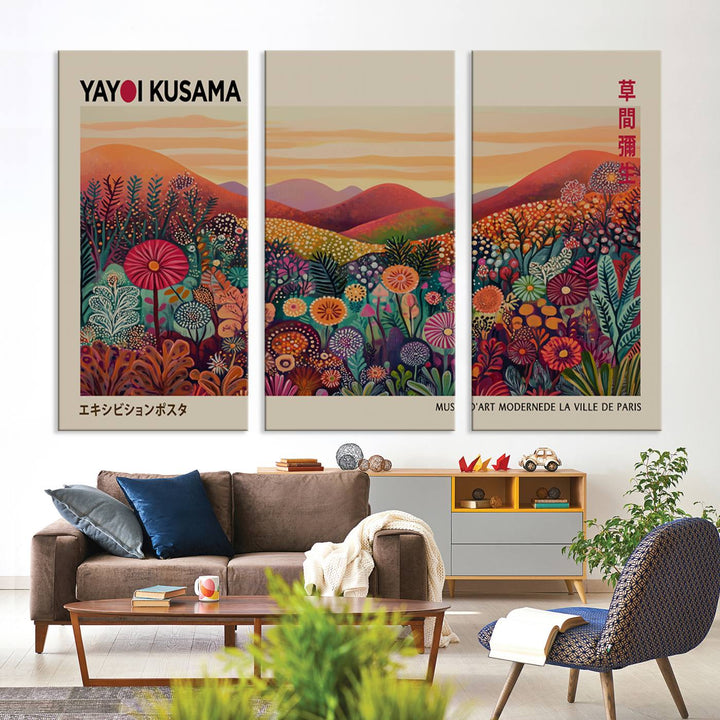 A framed Yayoi Kusama abstract landscape art print adorns the wall.