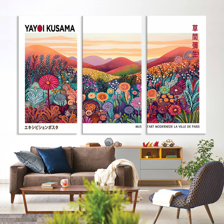 A Framed Yayoi Kusama 1986 Wall Art Print, showcasing a vibrant abstract landscape with flowers and reflecting the Wabi Sabi style, is displayed.