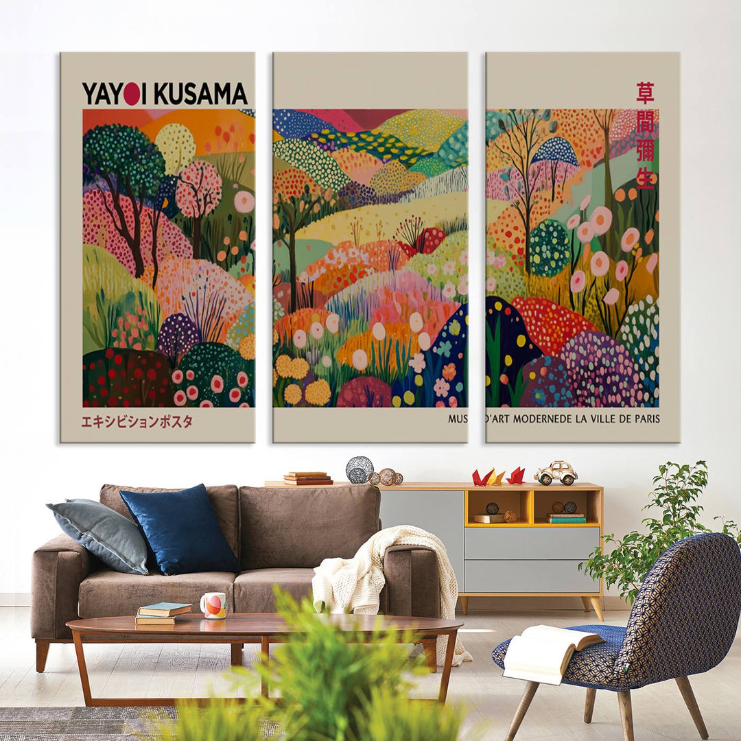 The Framed Yayoi Kusama 1986 Wall Art Print, a vibrant abstract landscape canvas inspired by Japanese design, adds a striking element to the bright room.