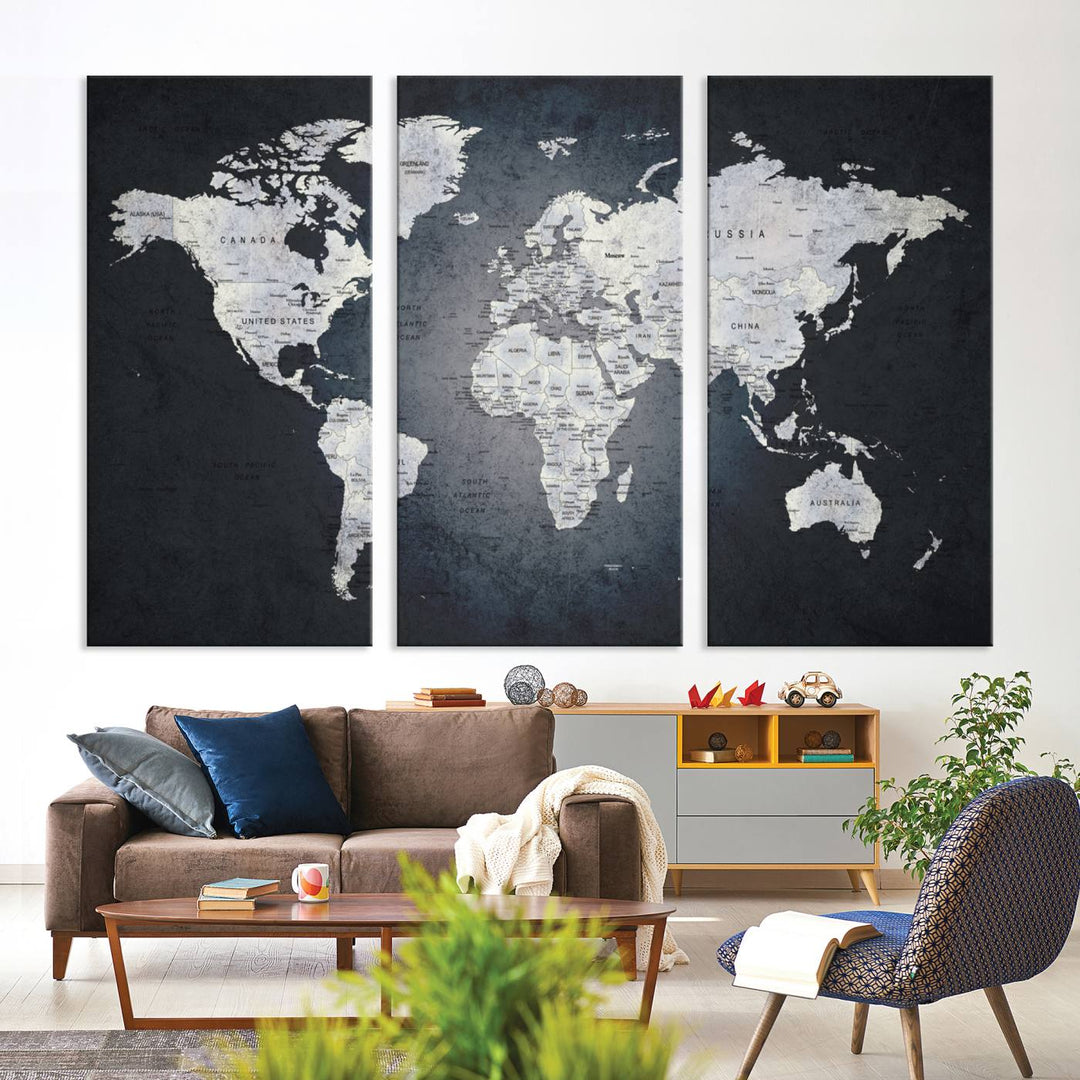 A Large Wall Art Push Pin World Map Canvas Print hangs prominently.