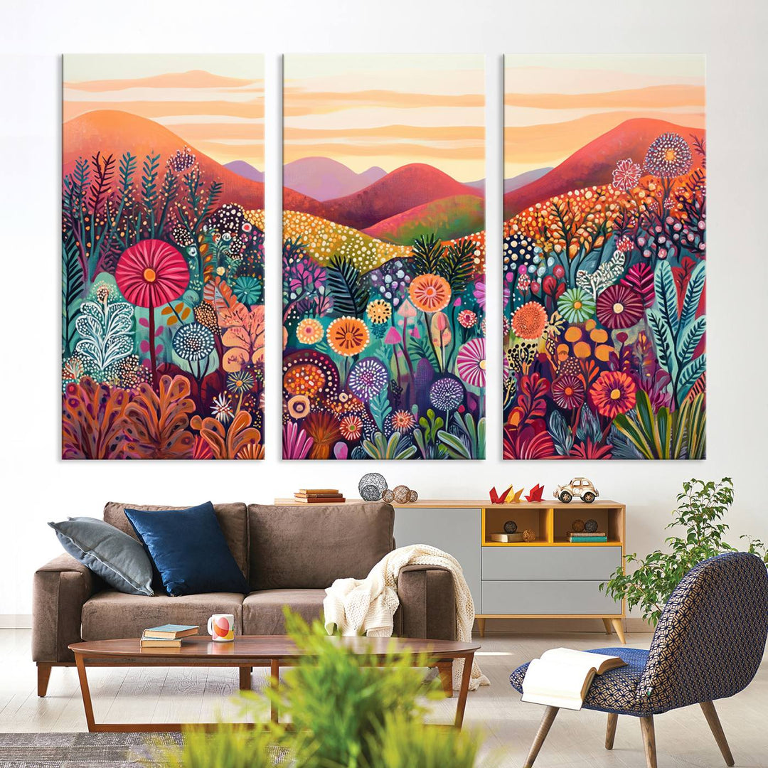 Featuring a vibrant abstract landscape, the Yayoi Kusama Wabi Sabi Japanese Wall Art Print from 1986 infuses color into a modern living room. This nature-inspired canvas enhances the engaging and harmonious atmosphere.