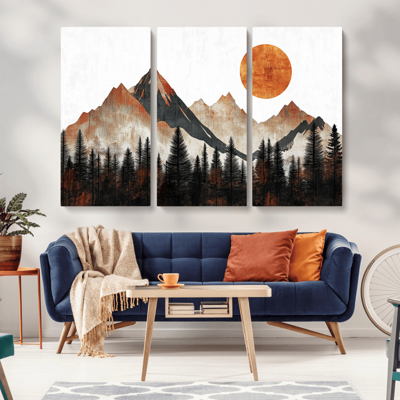 MGV-CV-48X32-3P - Modern Abstract Mountain Canvas Wall Art Print, Abstract Landscape Print, Rustic Sun and Mountains