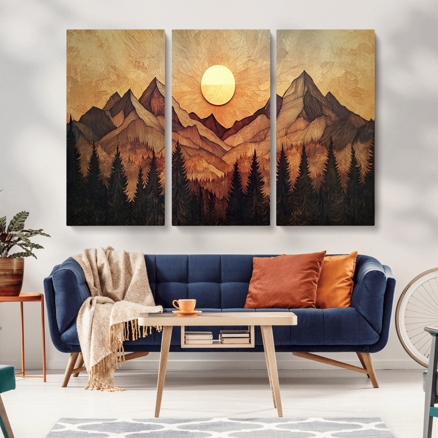 MGV-CV-48X32-3P - Wood Style Abstract Mountain Sunset Canvas Wall Art Print - Warm Earth Nature-Inspired Decor for