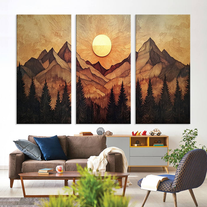 The dining area features a Wood Style Abstract Mountain Sunset canvas wall art print.