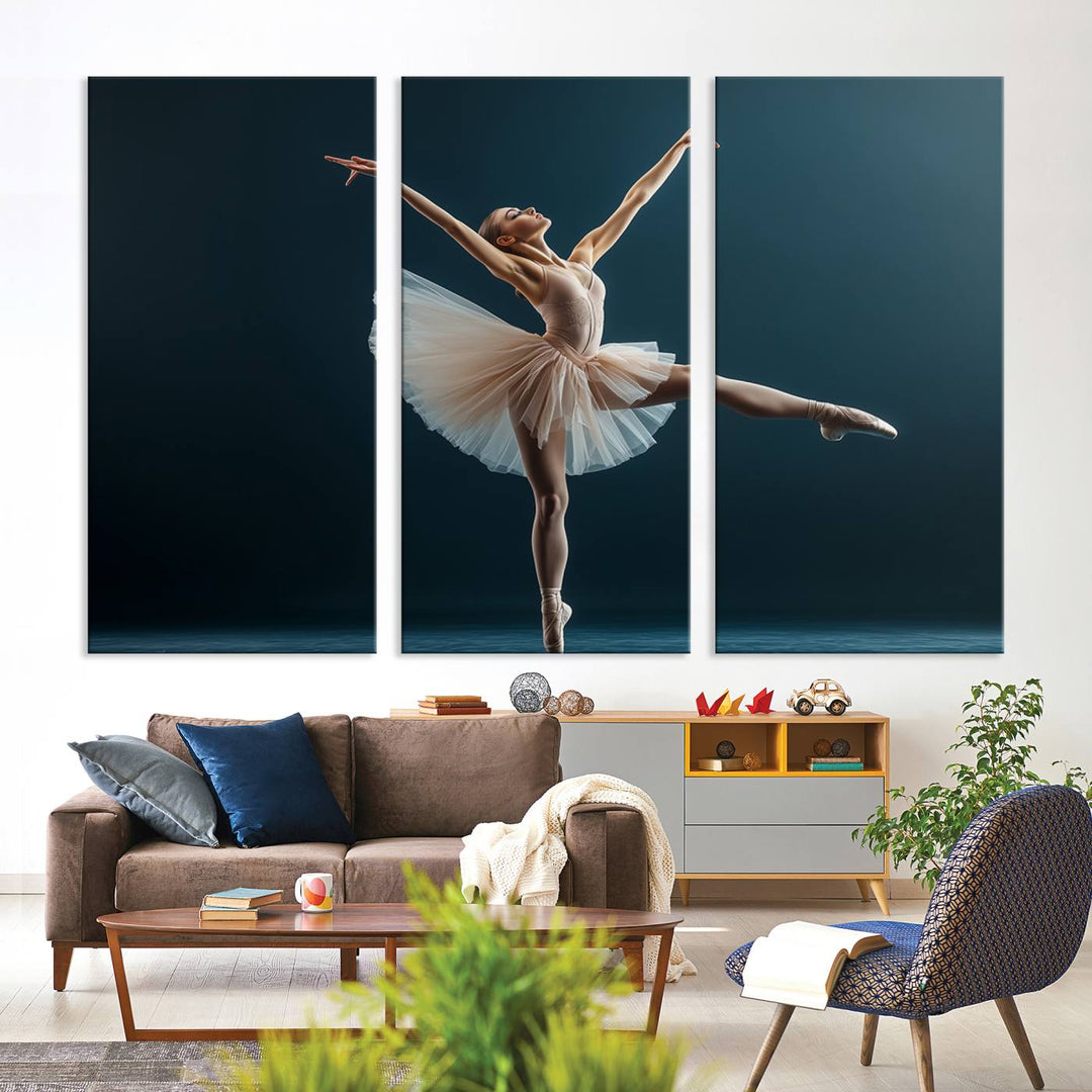 This stunning Ballerina Canvas Wall Art Print captures the elegance of a ballet dancer in motion, beautifully highlighted against a stage-like backdrop with delicate decor and natural elements. As graceful dance-inspired wall decor, it adds an element of grace and movement to any living room, office, or bedroom and is ready to hang.