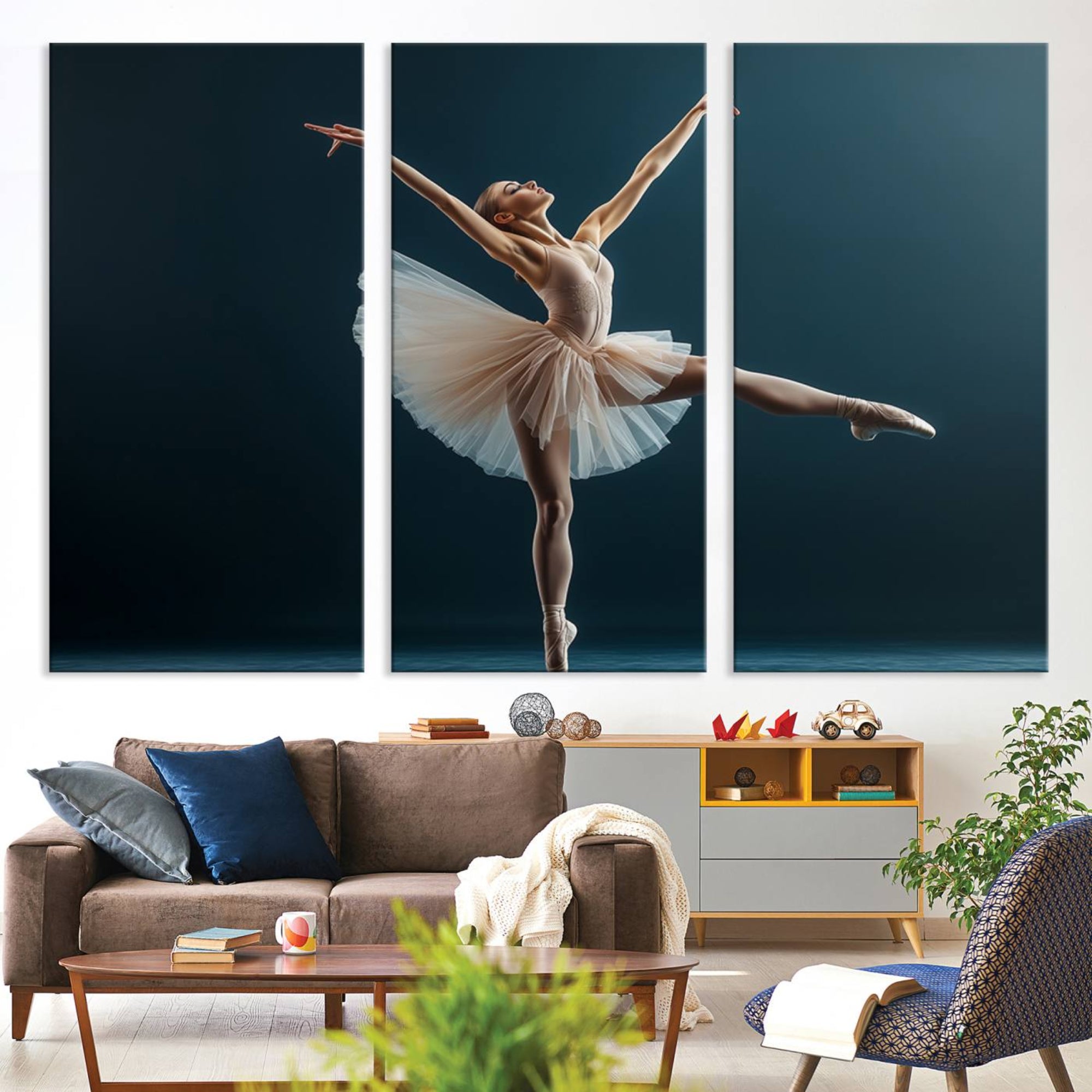 An elegant ballerina captured mid-pose on pointe, radiating grace and strength in a perfectly lit studio setting, her tutu fanned out in delicate symmetry.