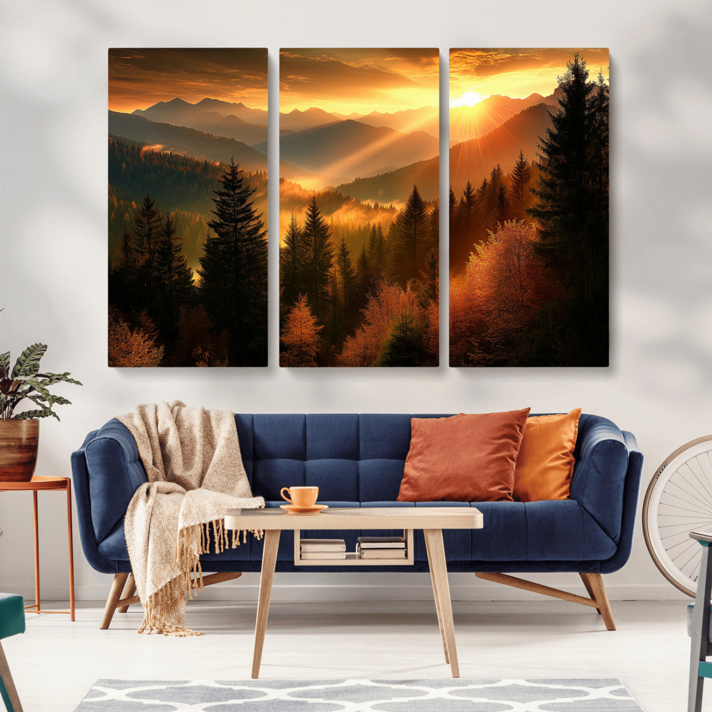 MGV-CV-48X32-3P - Golden Sunset Over Mountain Forest Canvas Wall Art Print - Warm Nature Landscape Print