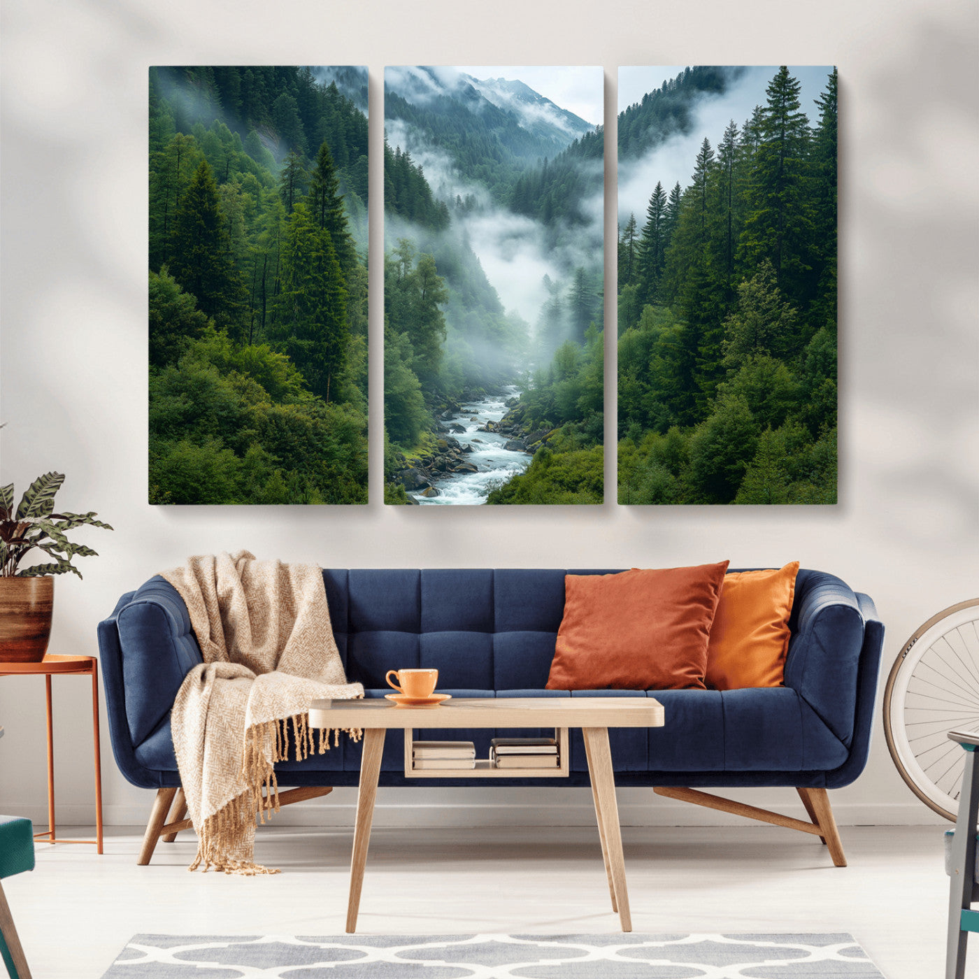 MGV-CV-48X32-3P - Mountain Forest River Canvas Wall Art Print - Serene Nature Landscape for Living Room, Office, or
