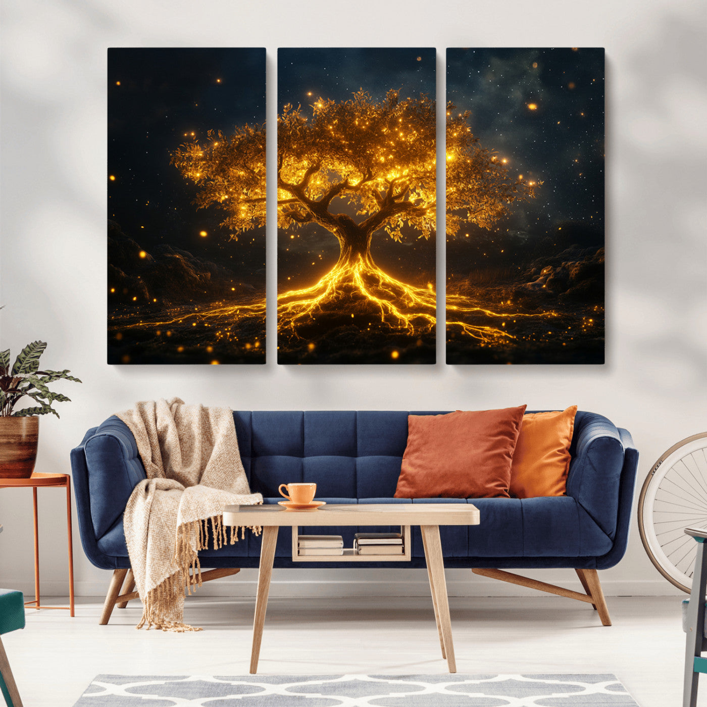 MGV-CV-48X32-3P - Golden Tree of Life Canvas Wall Art Print - Majestic Glowing Tree Design for Living Room, Office, or