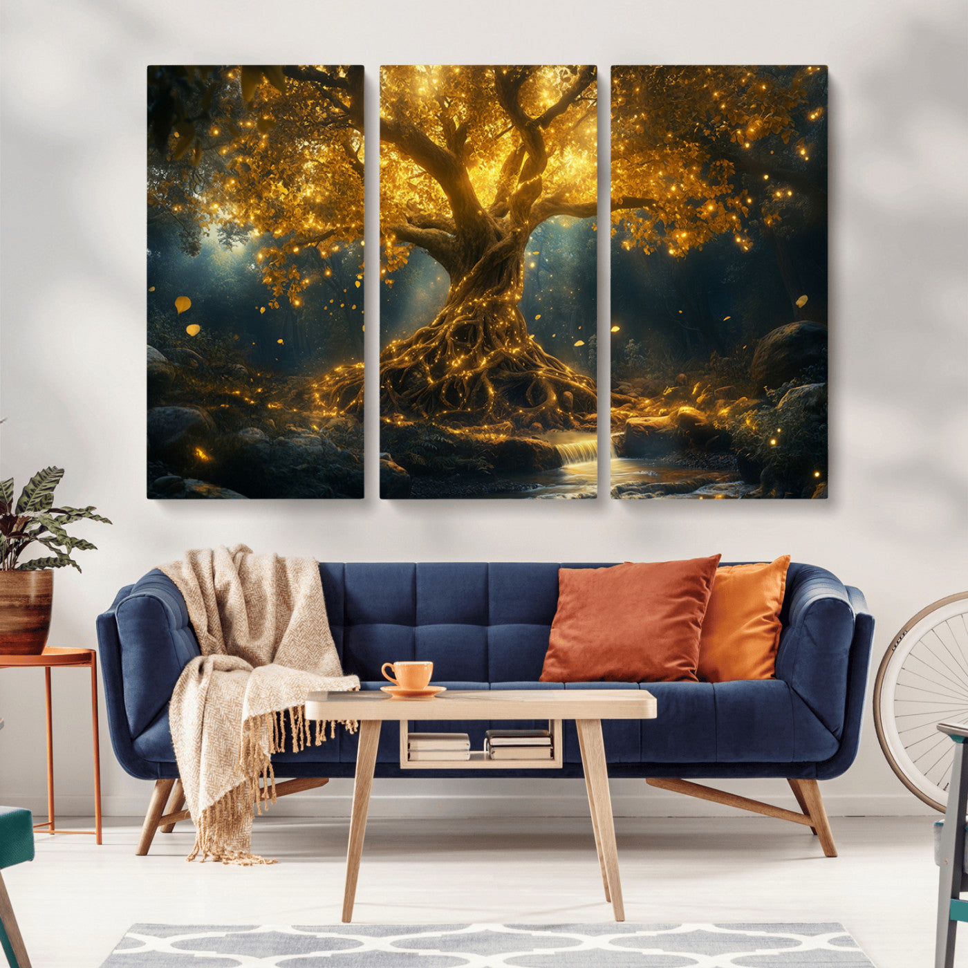 MGV-CV-48X32-3P - Golden Tree of Life Canvas Wall Art Print - Majestic Glowing Tree Wall Art Print
