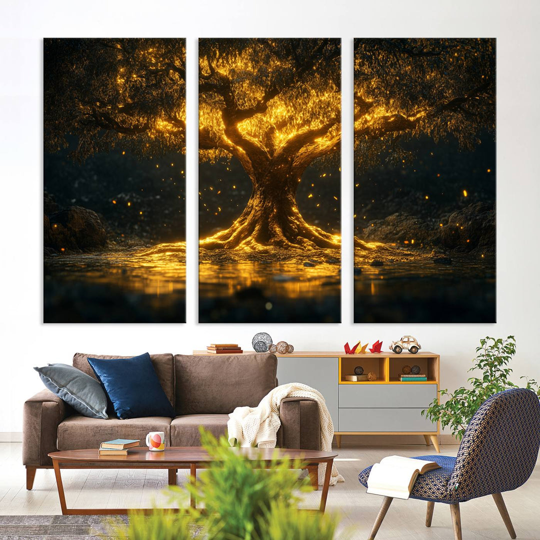 A stunning triptych of the Golden Tree of Life Canvas Wall Art Print showcases its majestic glowing tree design.