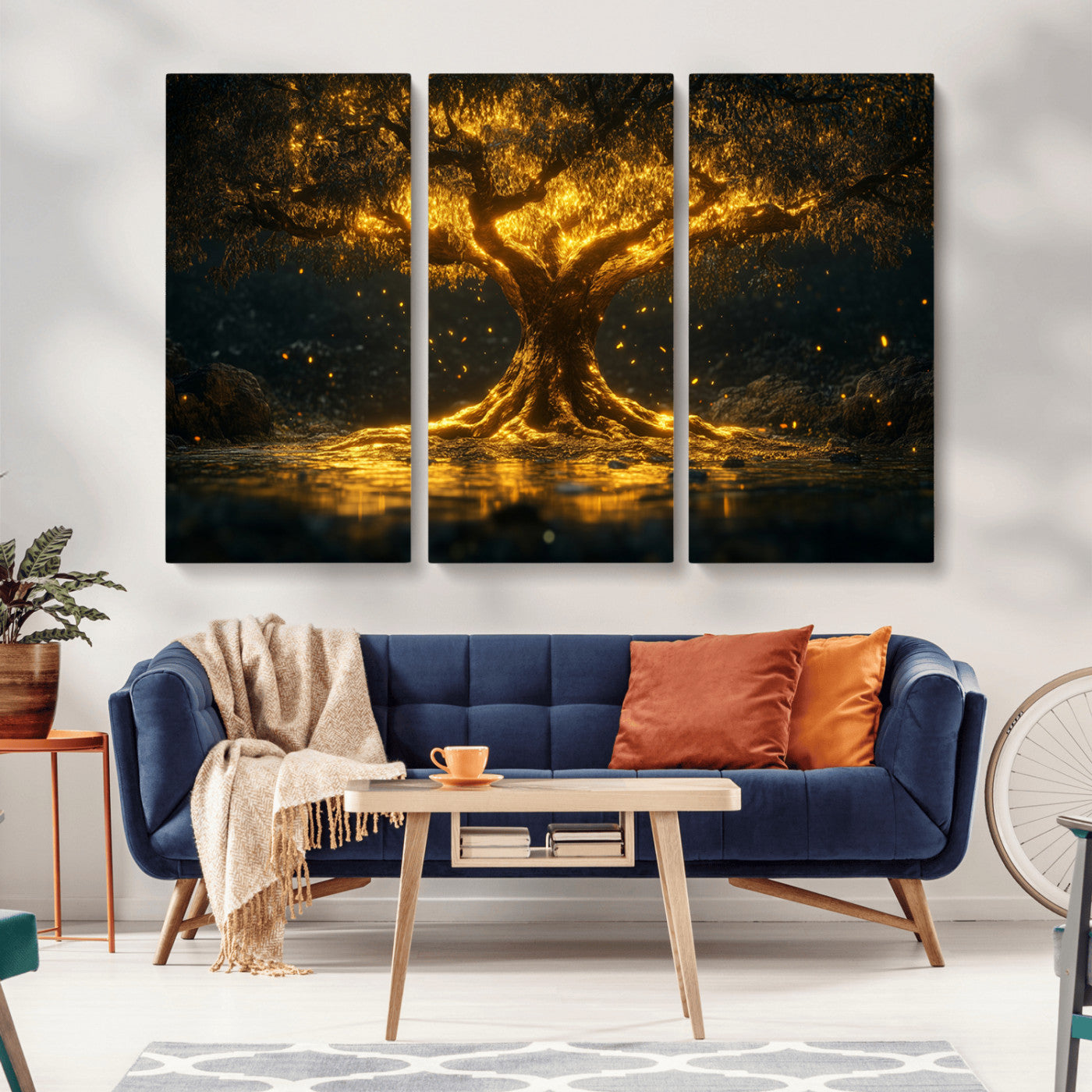 MGV-CV-48X32-3P - Golden Tree of Life Canvas Wall Art Print - Majestic Glowing Tree Wall Art Print