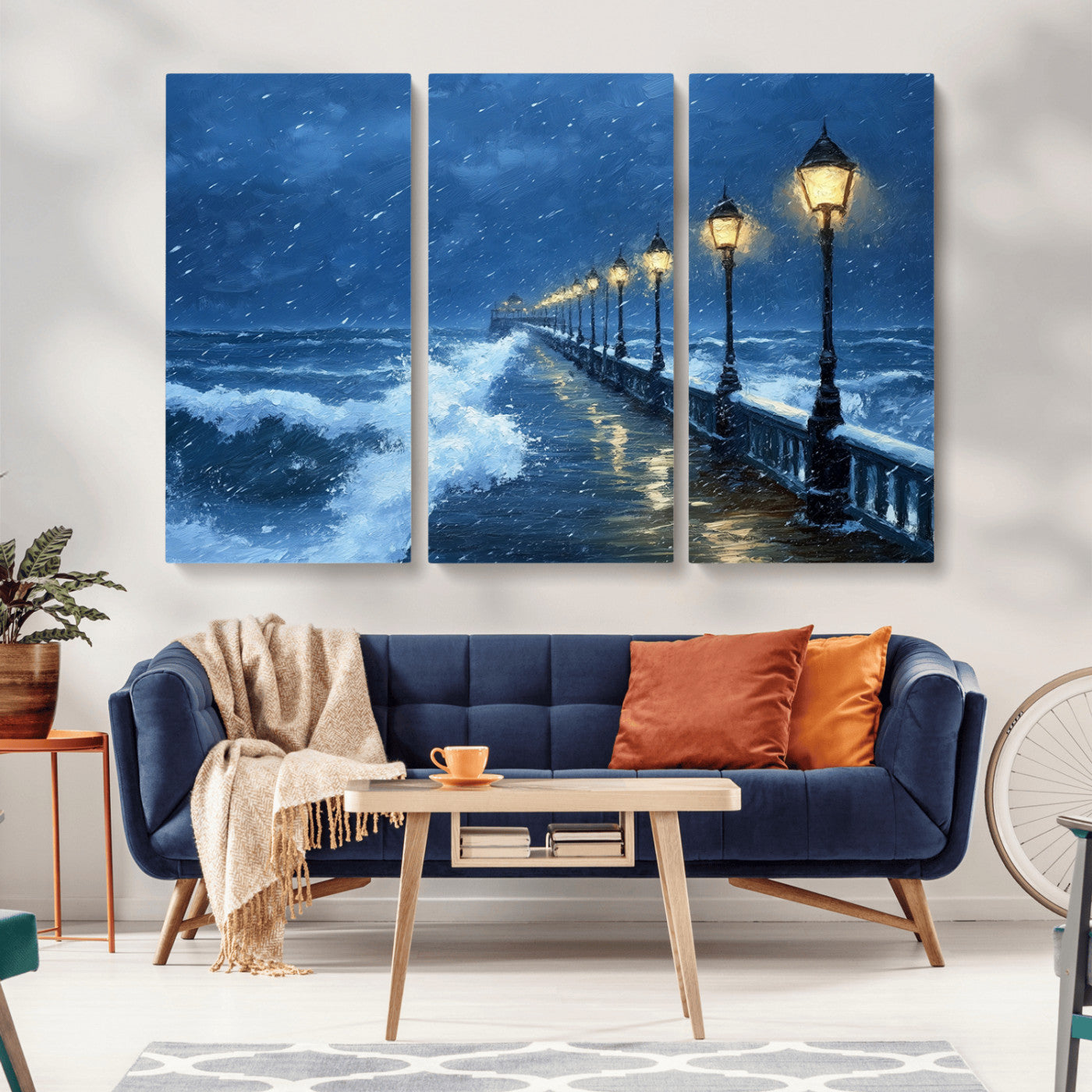 MGV-CV-48X32-3P - Stormy Ocean Pier Lights Canvas Wall Art Print - Large Moody Night Scene for Living Room, or Office,