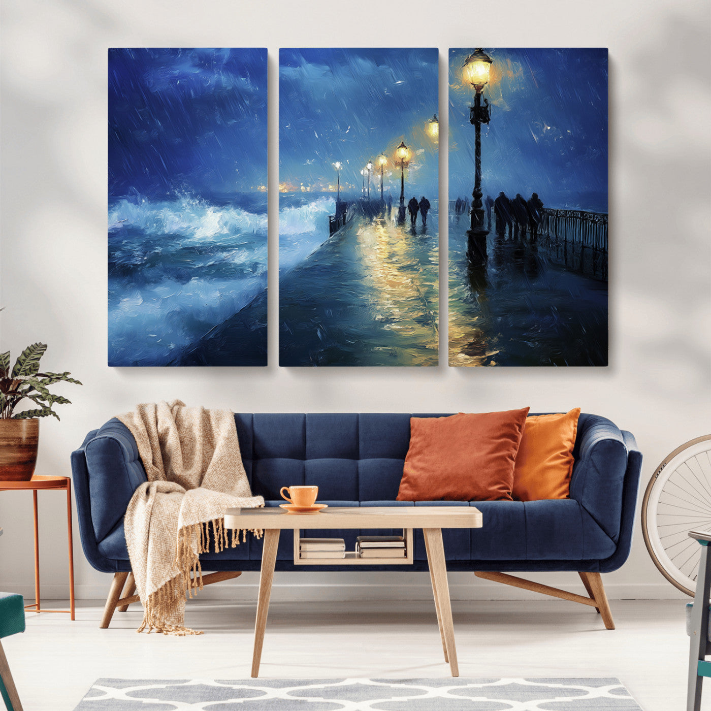 MGV-CV-48X32-3P - Abstract Stormy Ocean Pier Canvas Wall Art Print | Stormy Ocean Art | Large Moody Night Scene Print,