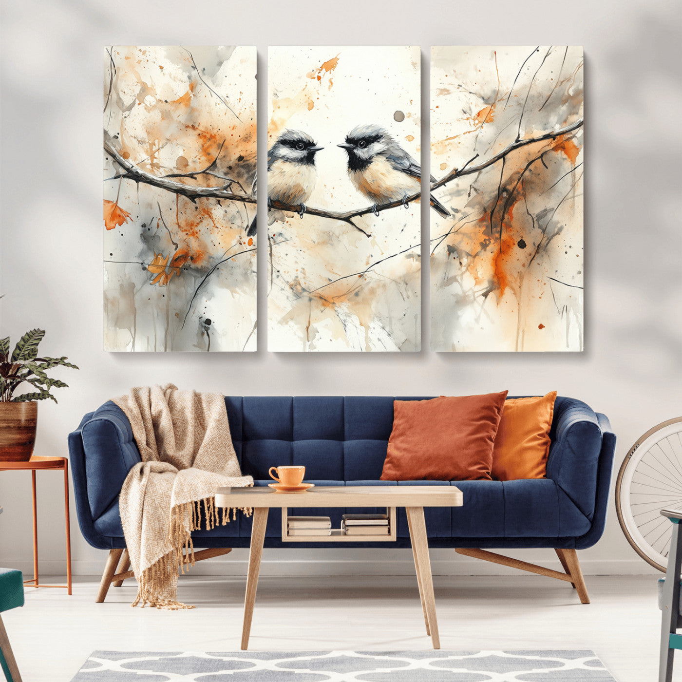 MGV-CV-48X32-3P - Abstract Watercolor Chickadee Bird Canvas Wall Art Print - Large Bird and Branch Wall Art, Modern