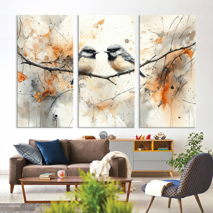 Abstract Watercolor Chickadee Bird Canvas Wall Art Print - Large Bird and Branch Wall Art, Modern Wildlife Wall Decor