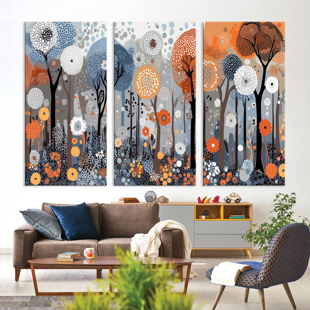 A vibrant Abstract Winter Landscape Canvas Wall Art Print graces the wall.