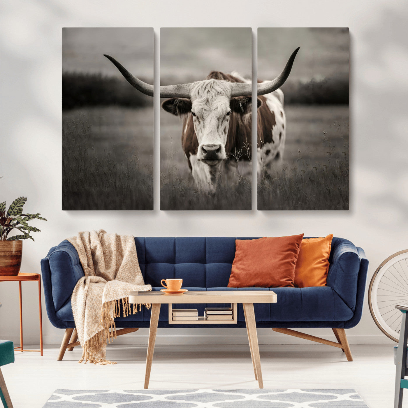 MGV-CV-48X32-3P - Texas Longhorn Cow Canvas Wall Art Print - Large Rustic Longhorn Art for Living Room, Western Wall