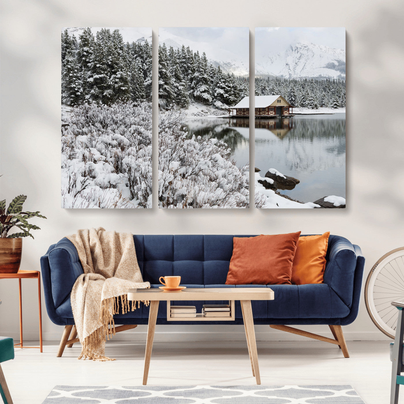 MGV-CV-48X32-3P - Winter Wall Art - Cabin by the Lake Canvas Wall Art - Serene Snowy Landscape with Mountain View,