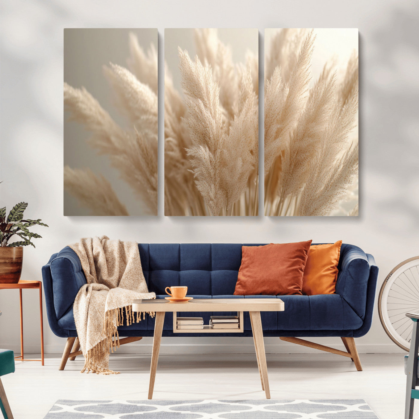 MGV-CV-48X32-3P - Pampas Grass Canvas Wall Art - Elegant Neutral Decor for Living Room, Boho Minimalist Artwork, Ready