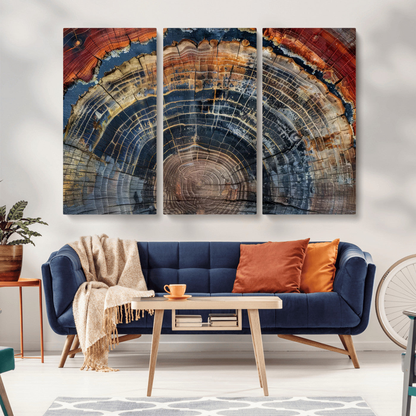 MGV-CV-48X32-3P - Abstract Tree Ring Wall Art, Colorful Framed Tree Ring Wall Decor, Minimalist Home Canvas Art,