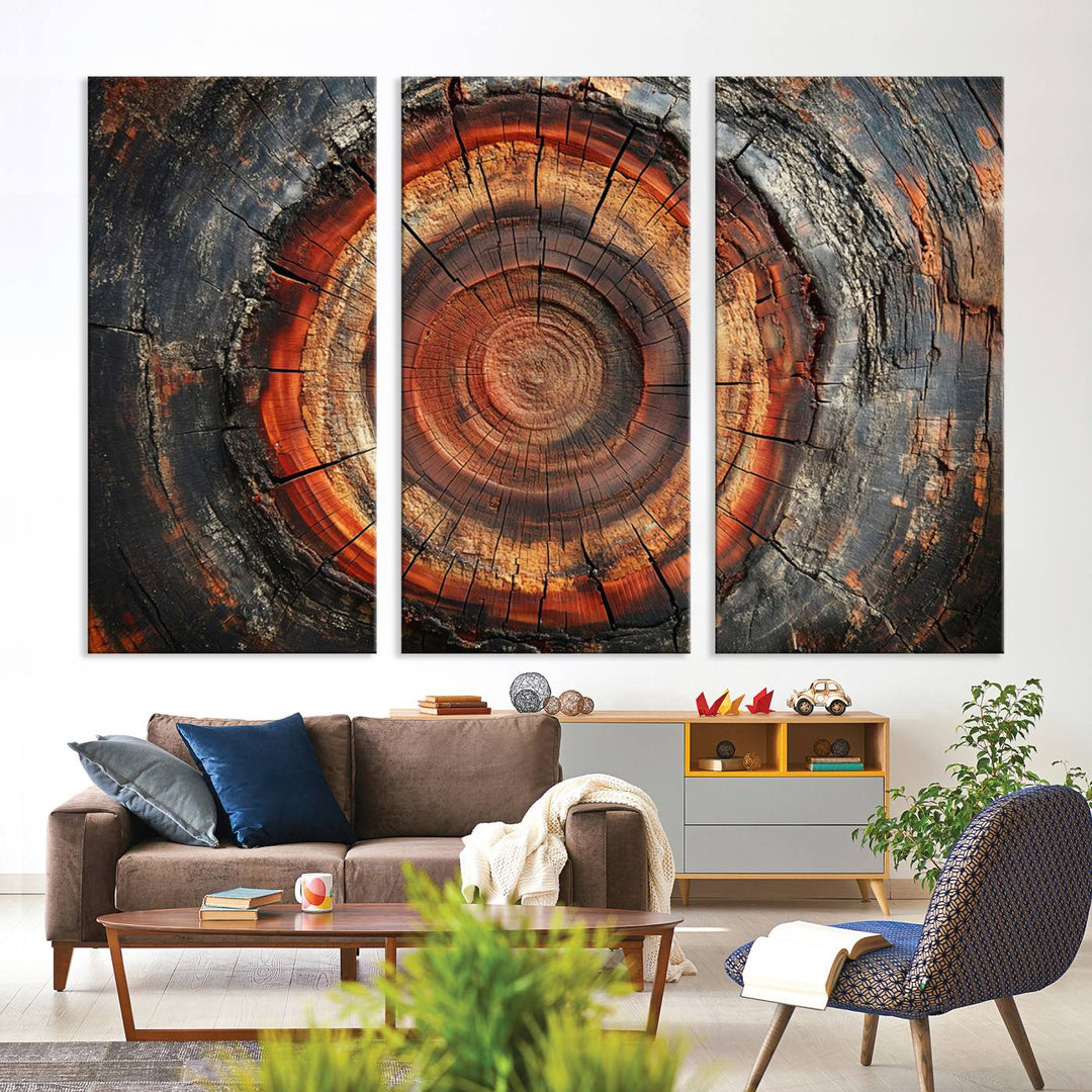 The modern living room showcases the Wood Grain Canvas Wall Art, a framed abstract tree ring design.