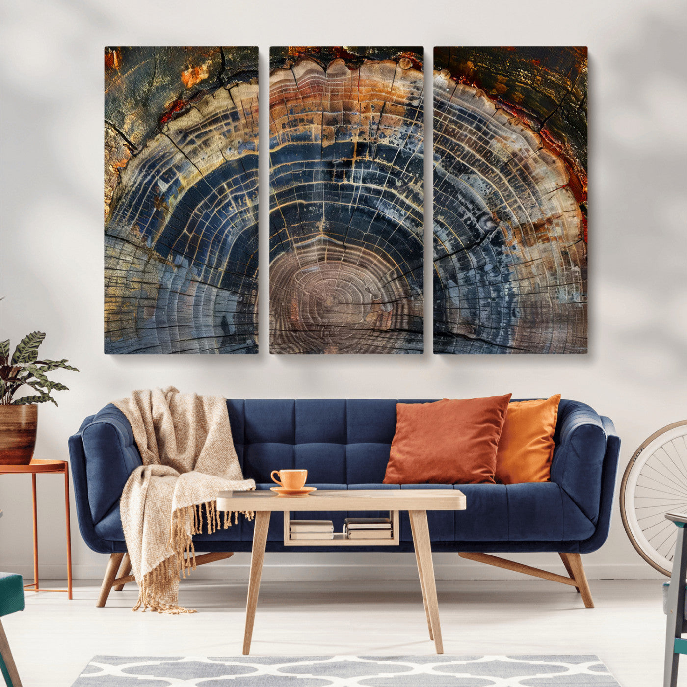 MGV-CV-48X32-3P - Framed Tree Ring Wall Art - Abstract Colorful Tree Ring Wall Decor, Minimalist Home Canvas Art,
