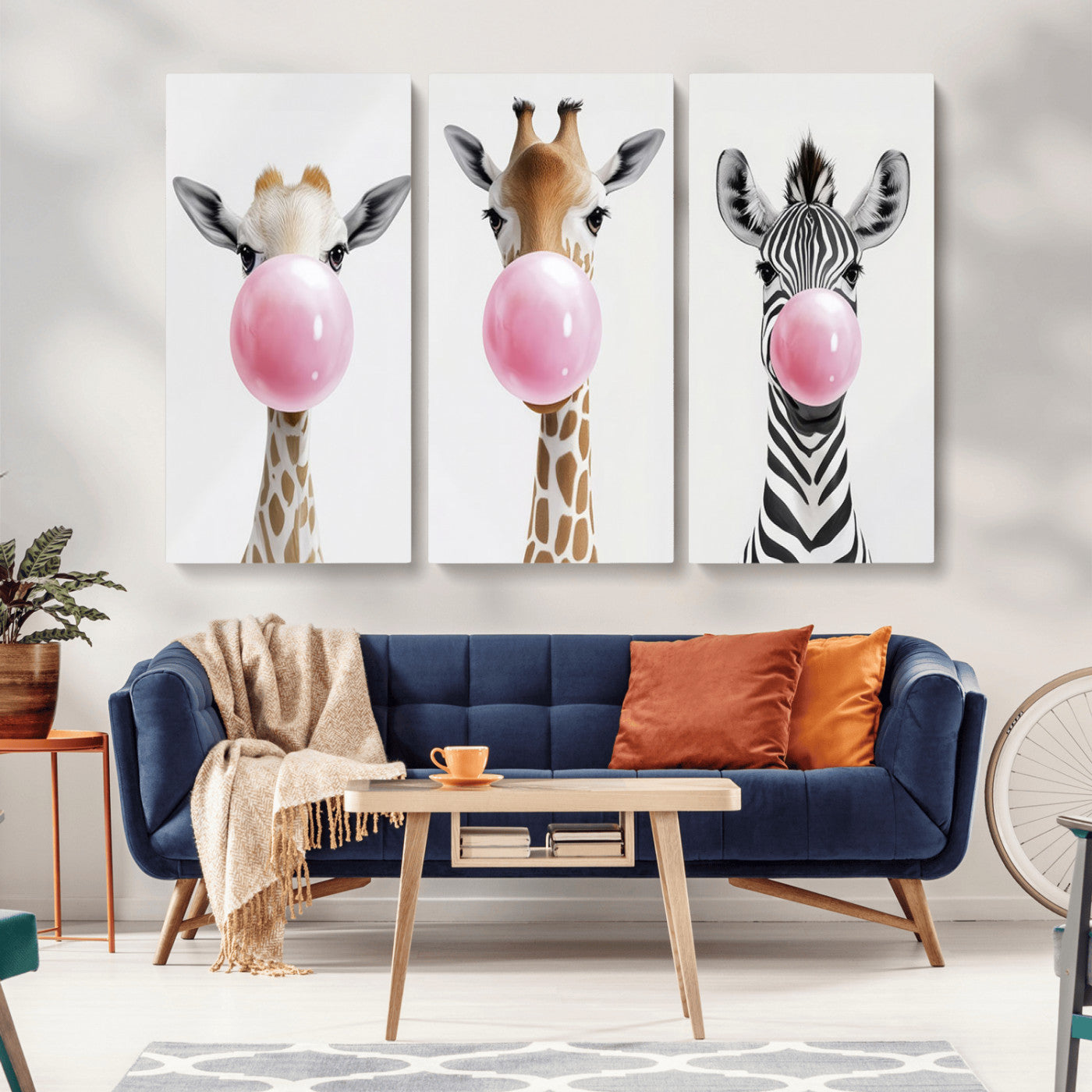 MGV-CV-48X32-3P - Bubblegum Animals Canvas Wall Art - Playful Giraffe and Zebra Trio, Fun Nursery Decor for Kids'