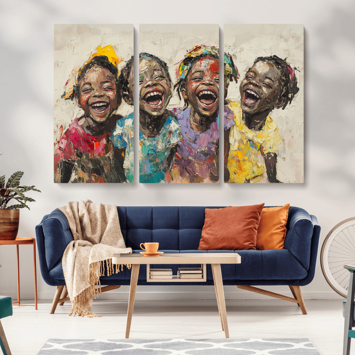 MGV-CV-48X32-3P - Shai Yossef style Joyful Childhood Canvas Wall Art - Expressive Impasto Painting of Black Children