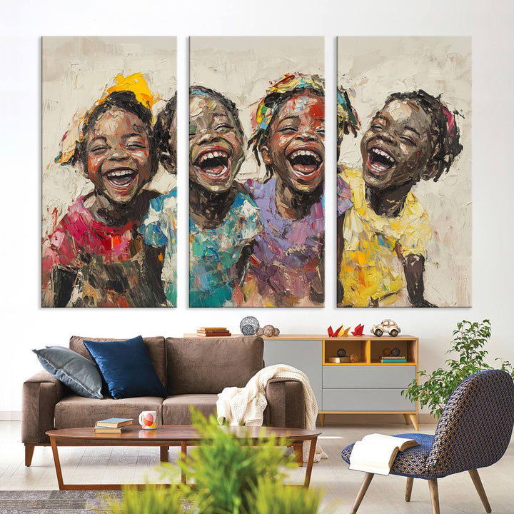 The Joyful Childhood Canvas Art by Shai Yossef, depicting kids laughing, is featured in the living room.