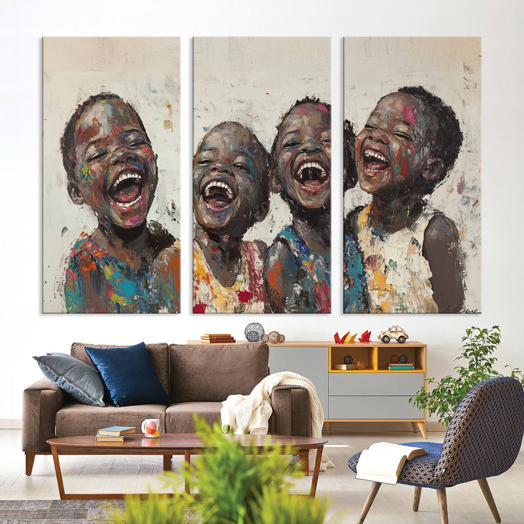 This Shai Yossef Print - Joyful Childhood Canvas Wall Art is an expressive impasto painting of laughing children. As framed abstract art for your living room, it adds a touch reminiscent of Shai Yossef's unique style to any living space.