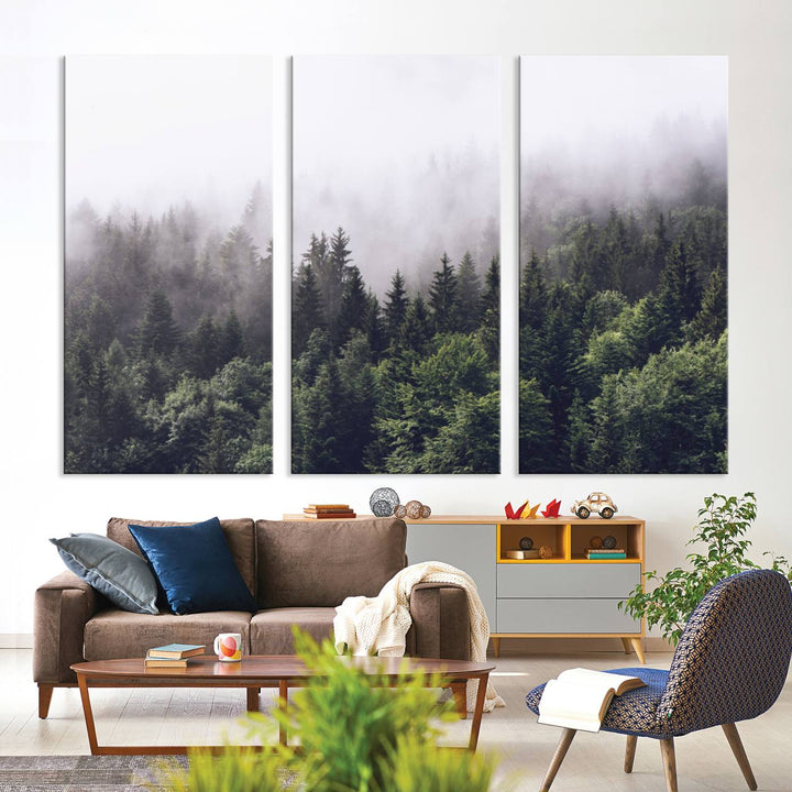 A serene triptych nature print featuring a misty forest, perfect as wall art.