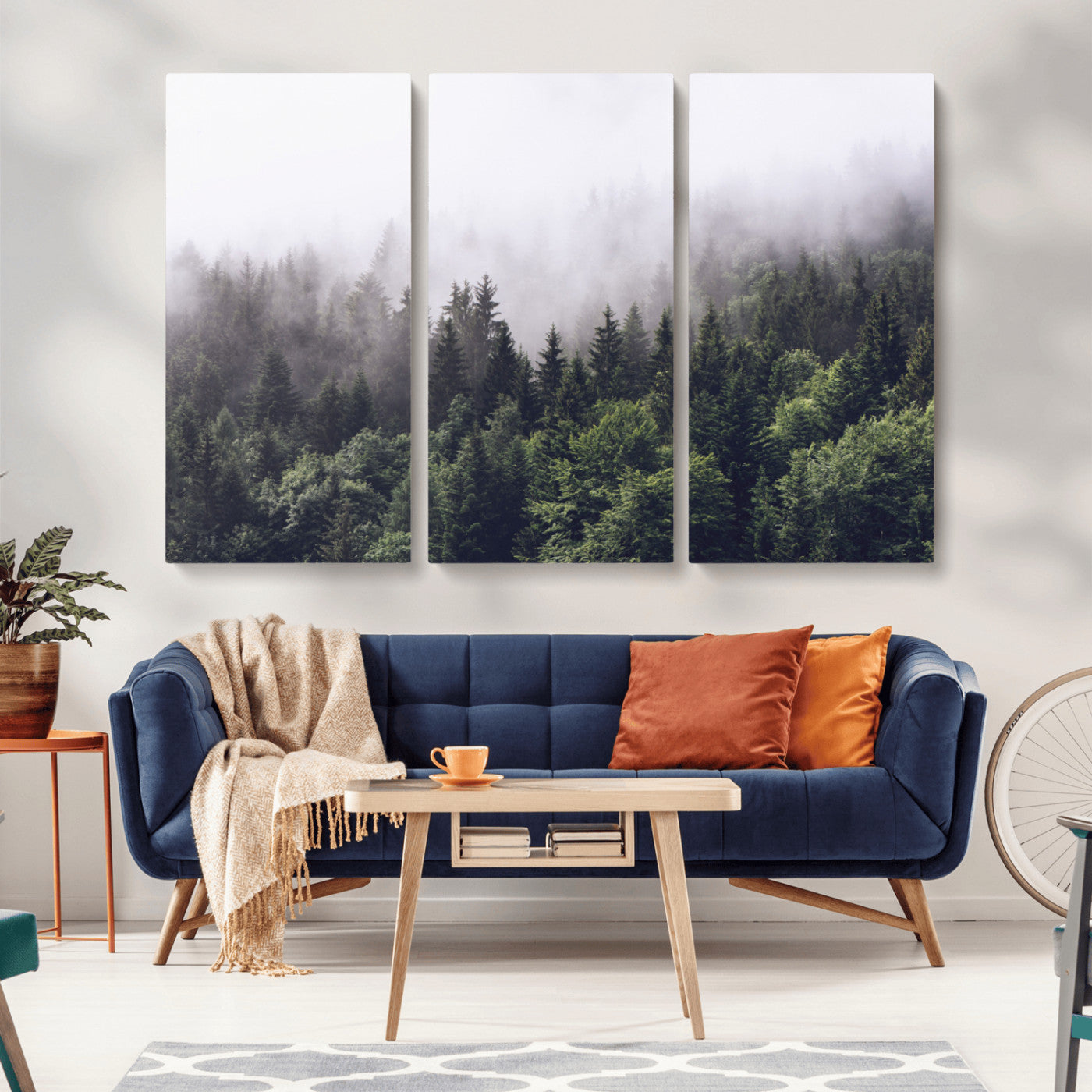 MGV-CV-48X32-3P - Misty Forest Wall Art | Foggy Forest Canvas Print | Large Nature-Inspired Misty Tree Landscape for